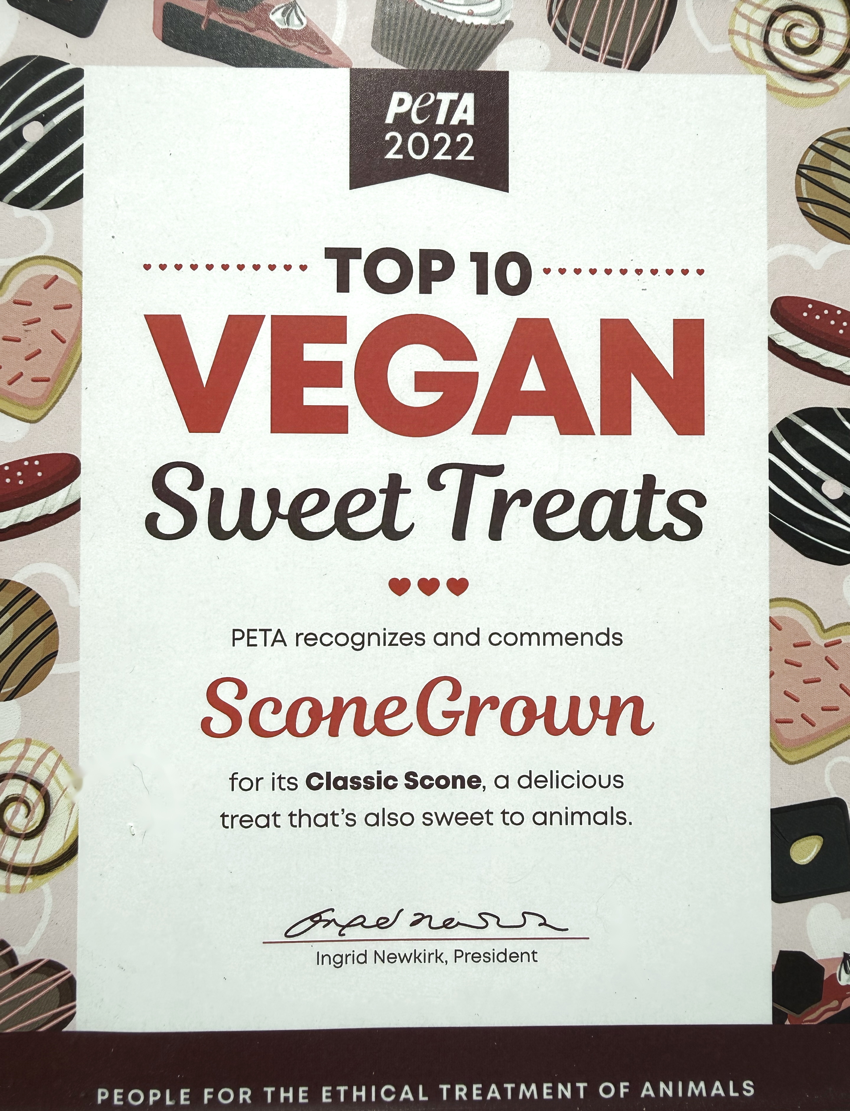 PETA 2022 Top 10 Vegan Sweet Treats certificate recognizing SconeGrown